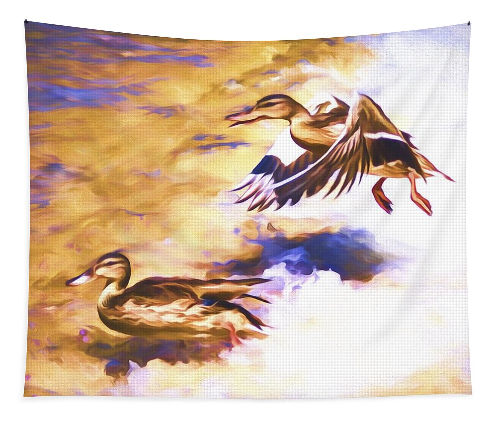 Mallard Tapestry featuring the mixed media Ducks Landing by Priya Ghose