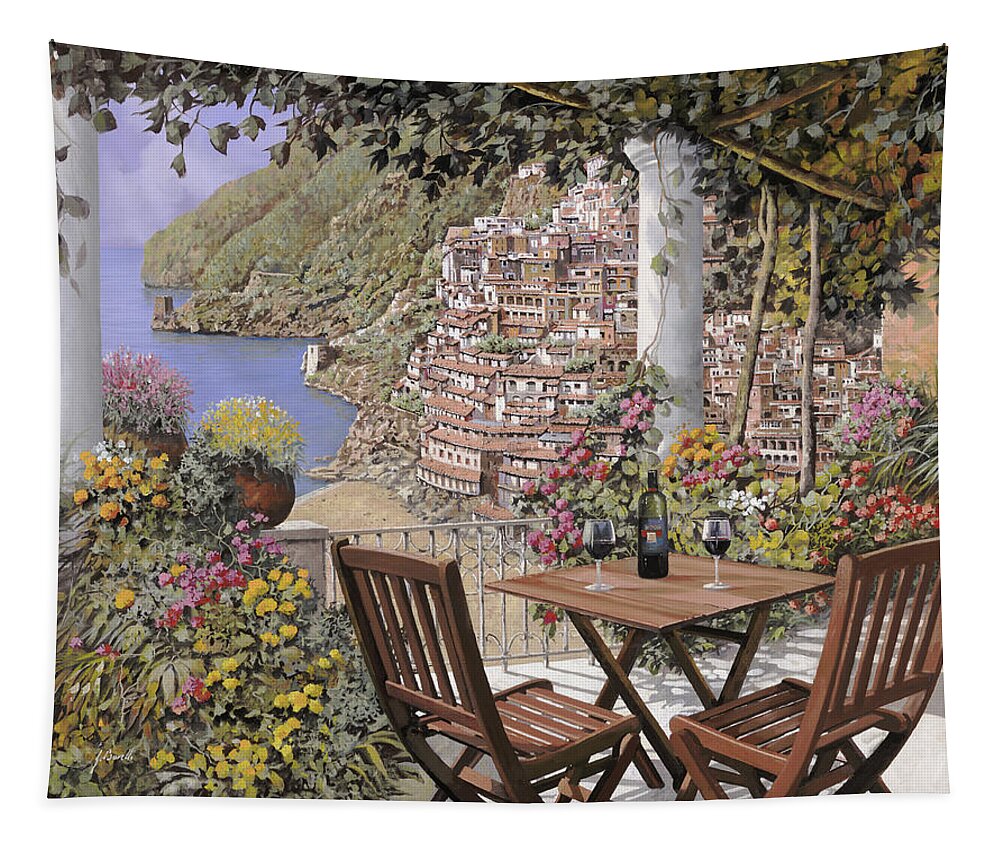 Positano Tapestry featuring the painting aperitivo a Positano by Guido Borelli