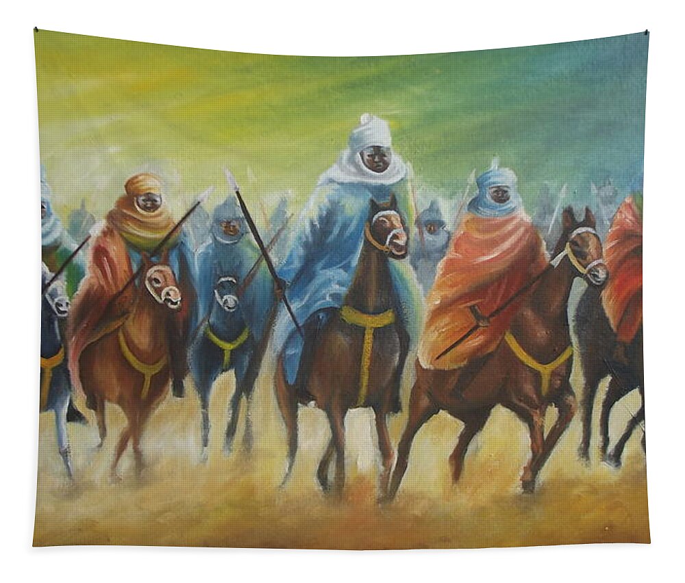 Yellow Tapestry featuring the painting Durbar Riders by Olaoluwa Smith