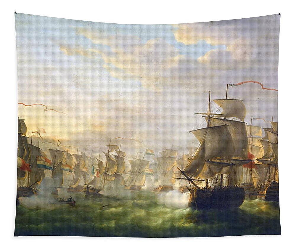 Dutch And English Fleets Tapestry featuring the painting Dutch and English Fleets by Martinus Schouman