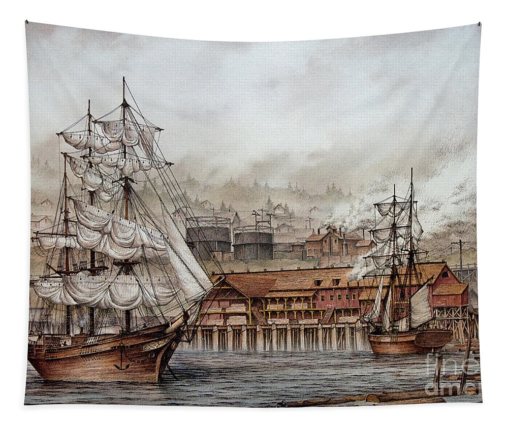 E K Wood Tapestry featuring the painting E. K. Wood Lumber Mill by James Williamson