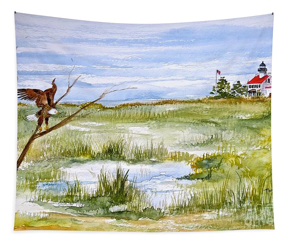 East Point Lighthouse Tapestry featuring the painting An Eagle At East Point by Nancy Patterson