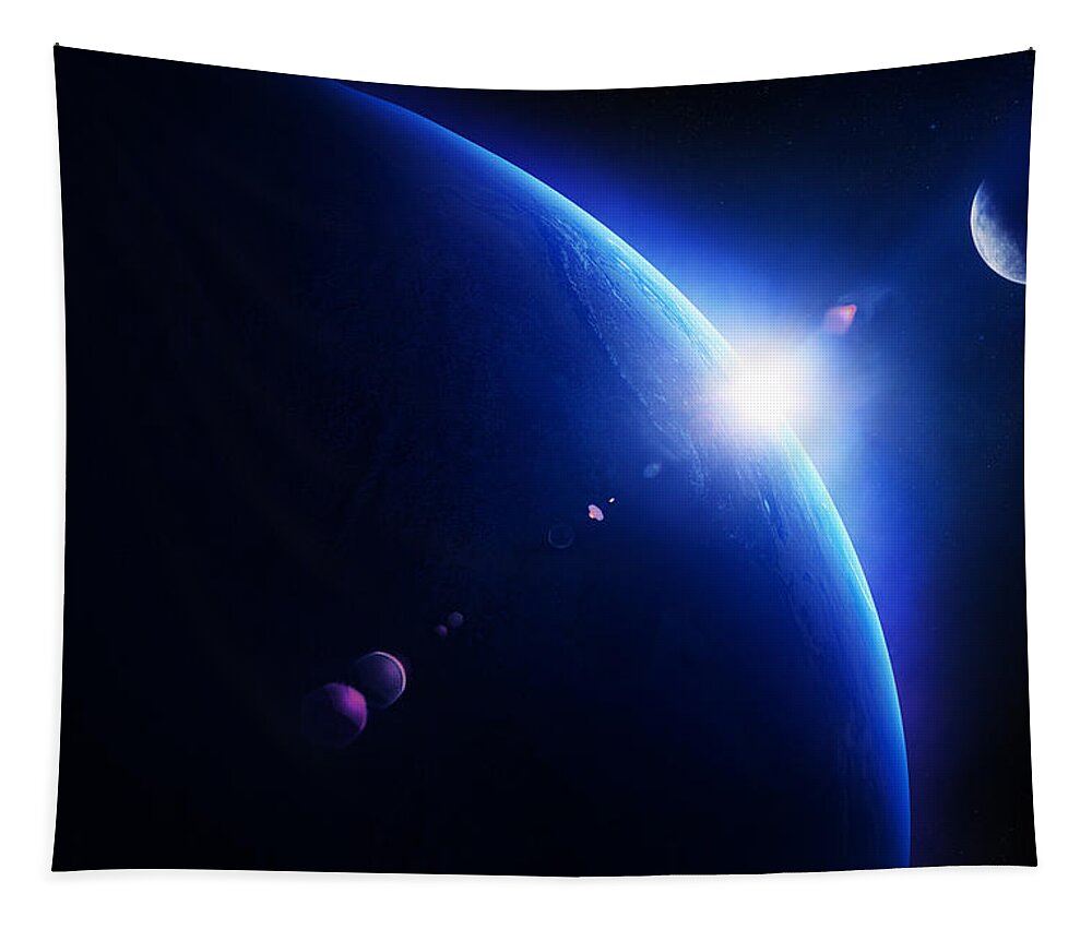 Earth Tapestry featuring the photograph Earth sunrise with moon in space by Johan Swanepoel