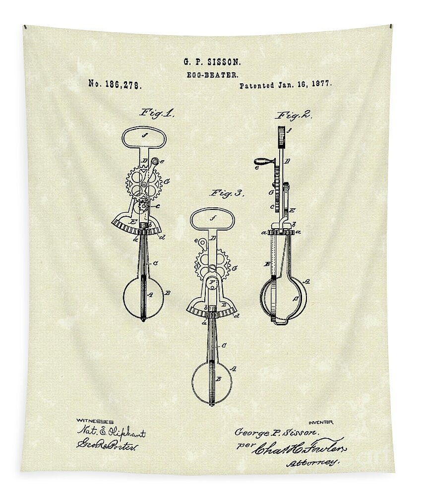 Sisson Tapestry featuring the drawing Egg Beater 1877 Patent Art by Prior Art Design