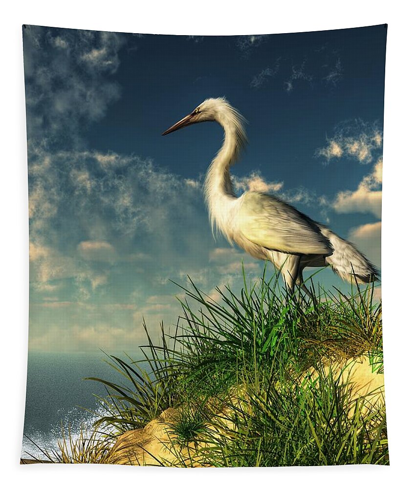 Egret Tapestry featuring the digital art Egret in the Dunes by Daniel Eskridge