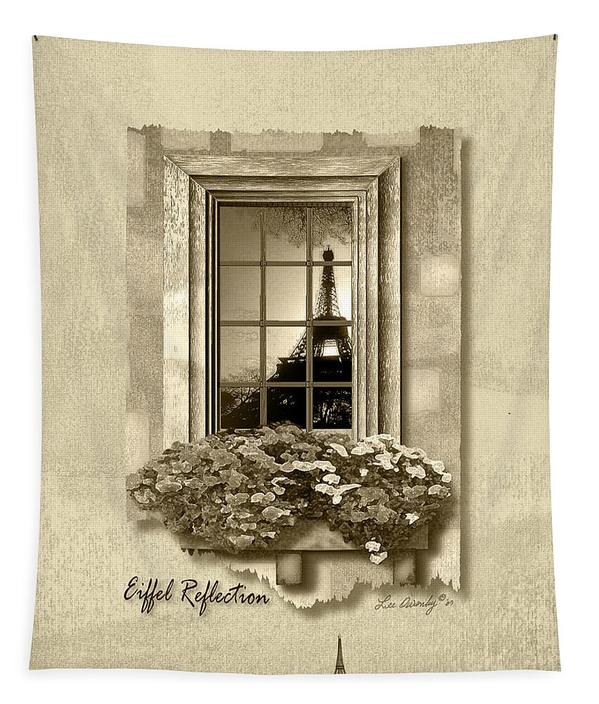 Eiffel Tower Tapestry featuring the digital art Eiffel Reflection in Sepia by Lee Owenby