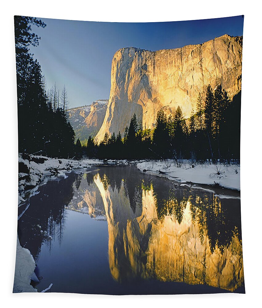Sunset Tapestry featuring the photograph 2M6542-El Cap Reflect by Ed Cooper Photography