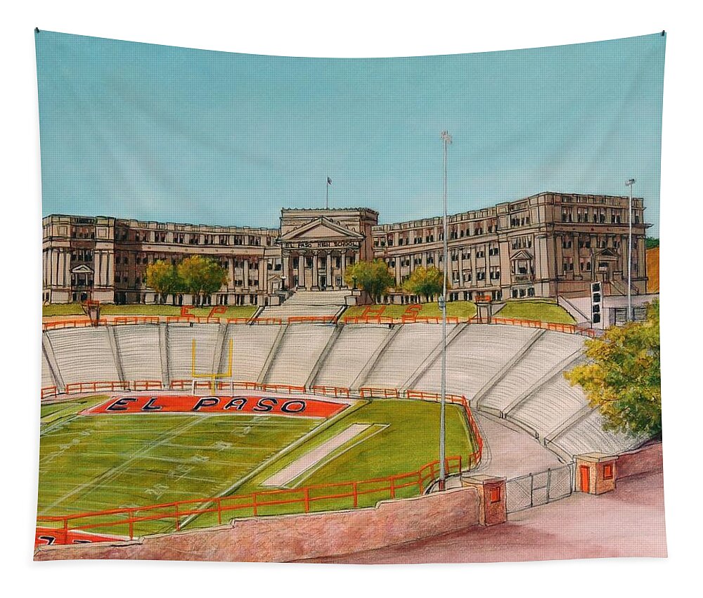 El Paso Tapestry featuring the painting El Paso High School by Candy Mayer
