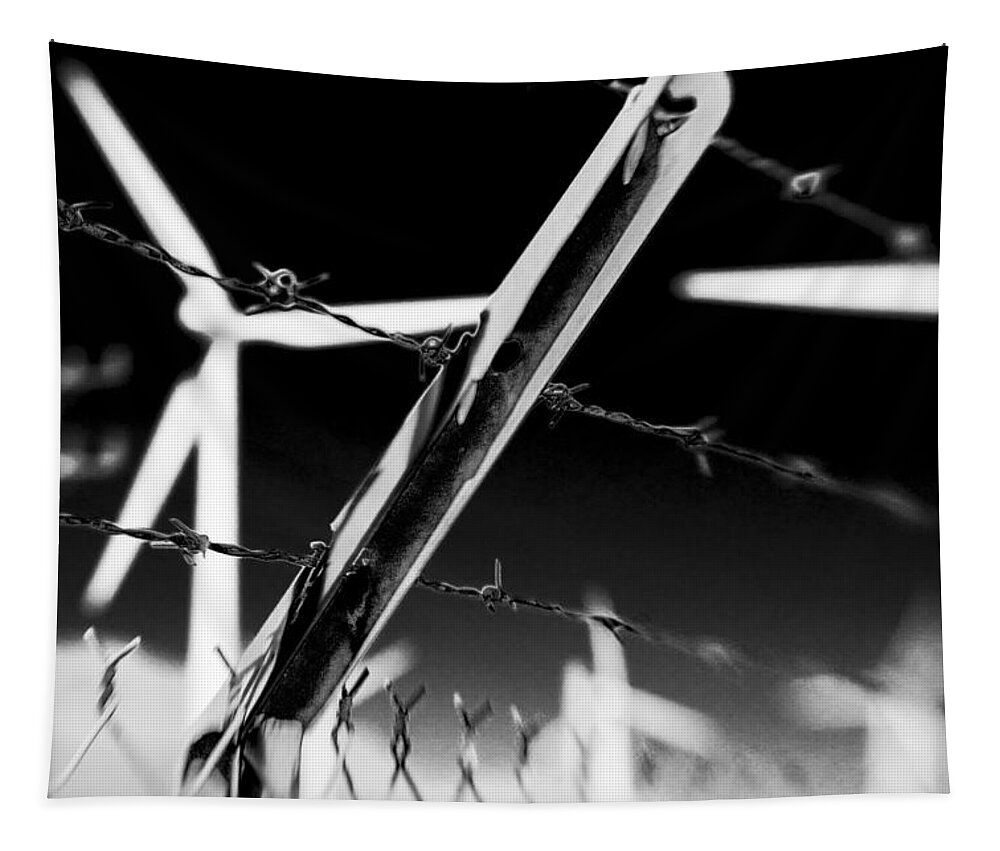 Wind Turbine Tapestry featuring the photograph Electric Fence Black and White by Scott Campbell