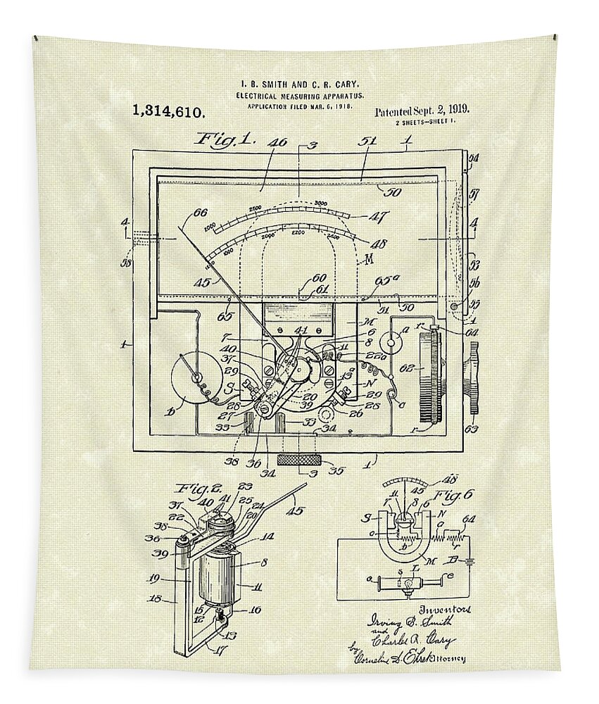 Smith Tapestry featuring the drawing Electrical Meter 1919 Patent Art by Prior Art Design