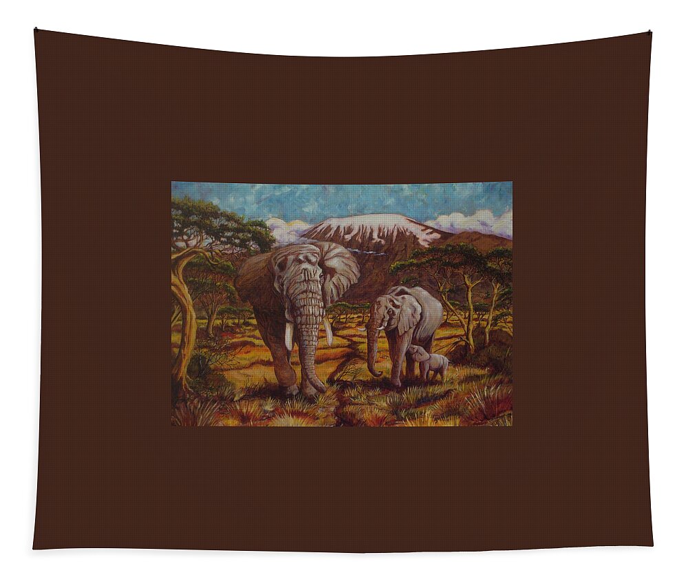 Elephants Tapestry featuring the painting Elephants and Kilimanjaro by Paris Wyatt Llanso