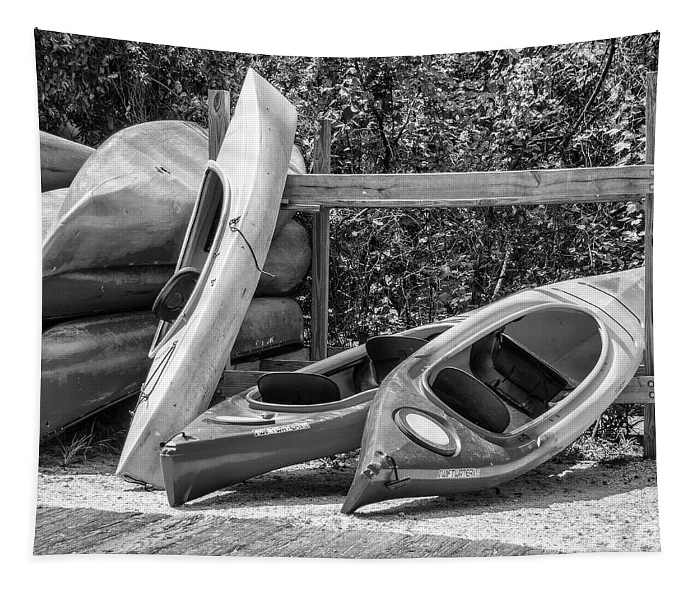 Kayak Tapestry featuring the photograph End of Summer Fun BW by Carolyn Marshall