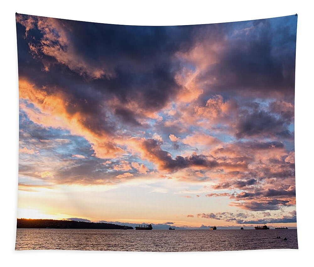 Sunset Tapestry featuring the photograph English Bay Sunset by Allan Van Gasbeck