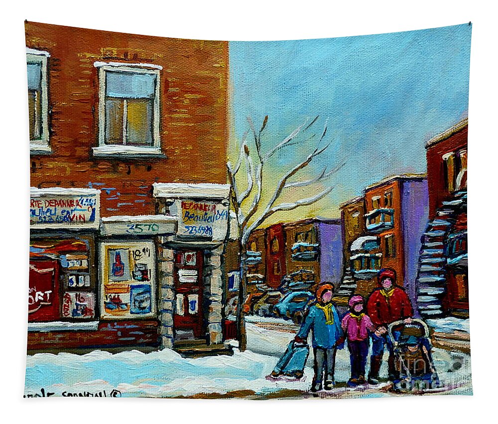 Montreal Tapestry featuring the painting Epicerie Depanneur Beaulieu Montreal by Carole Spandau