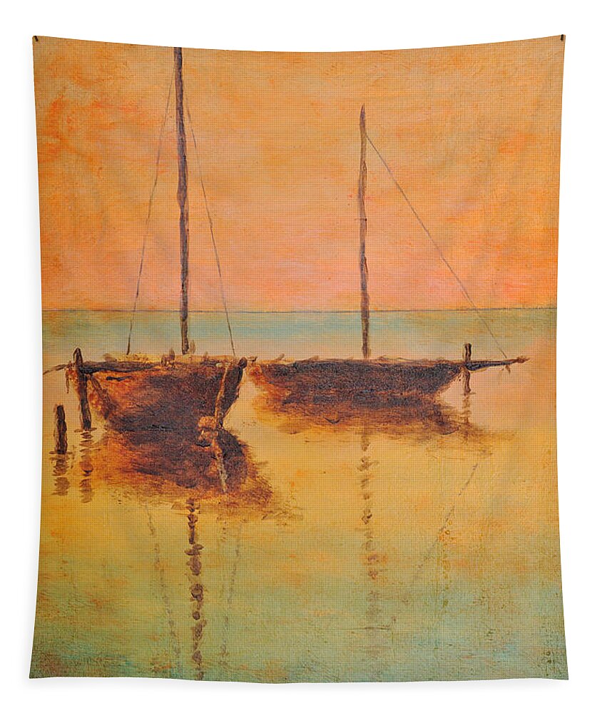 Ship Tapestry featuring the painting Evening boats by Martin Capek