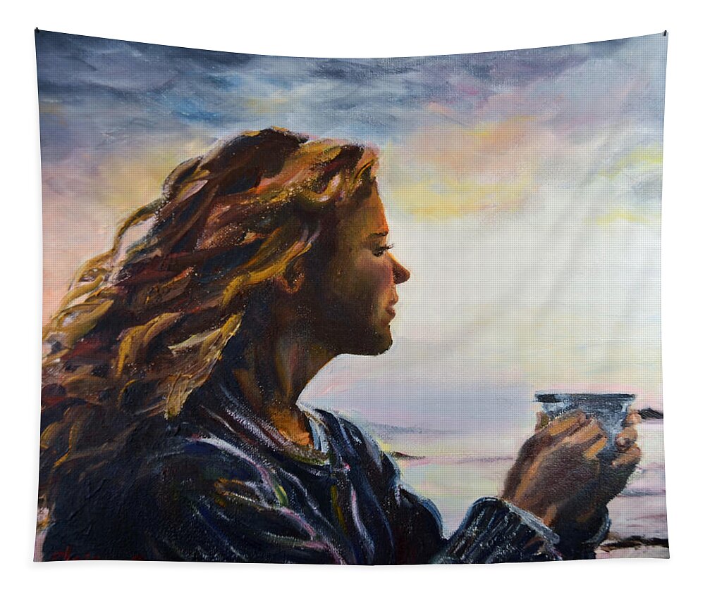 Girl Tapestry featuring the painting Evening Coffee by Elaine Berger