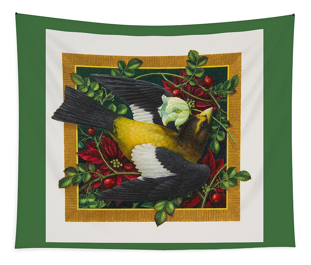 Christmas Tapestry featuring the painting Evening Grosbeak by Lynn Bywaters