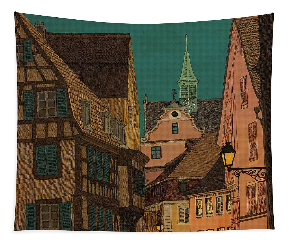 Alsace Village Town Architecture Tapestry featuring the drawing Evening by Meg Shearer