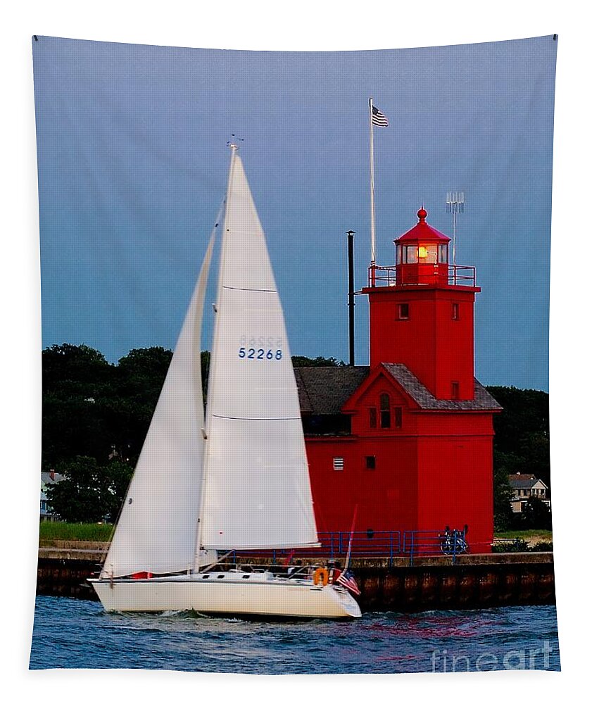 Lighthouse Tapestry featuring the photograph Evening Sail at Holland Light by Nick Zelinsky Jr