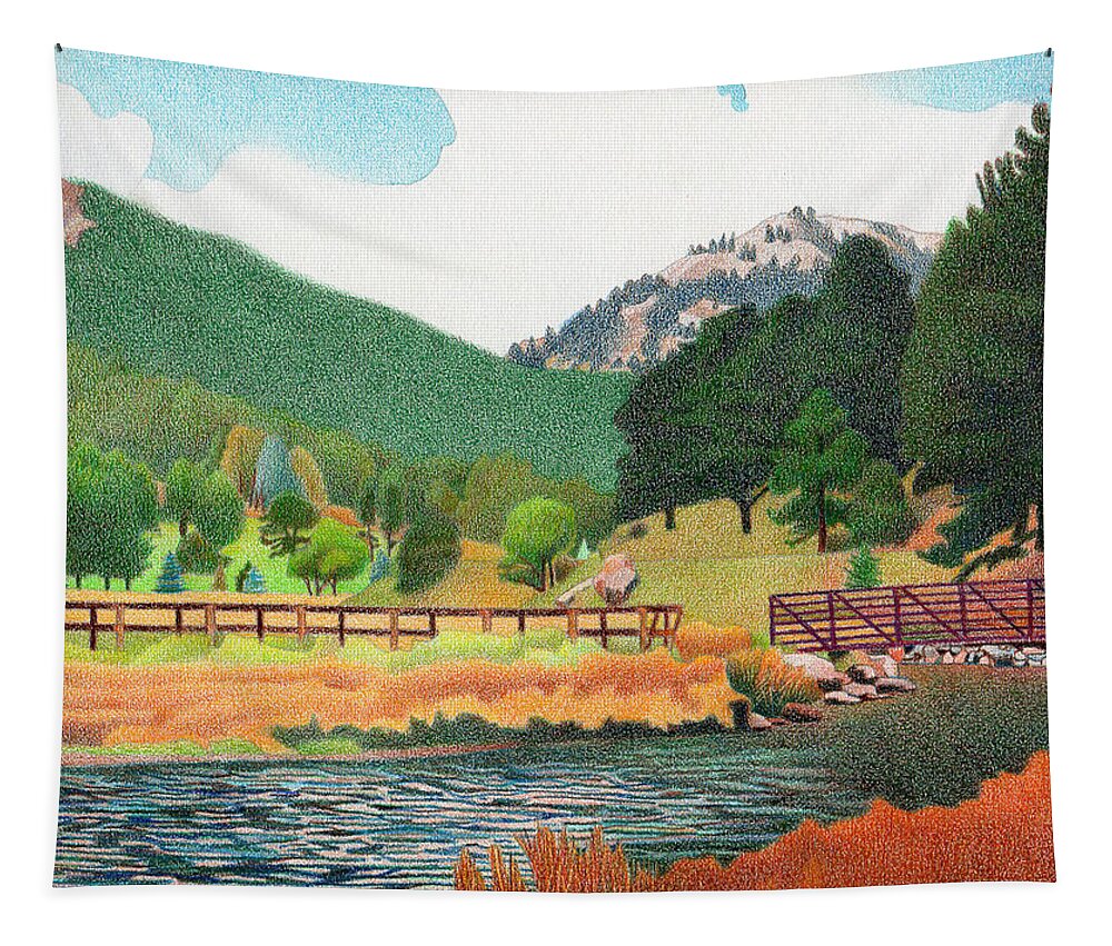 Art Tapestry featuring the drawing Evergreen Lake Spring by Dan Miller