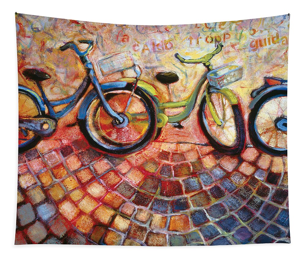 Bikes Tapestry featuring the painting Fa Caldo Troppo Guidare by Jen Norton