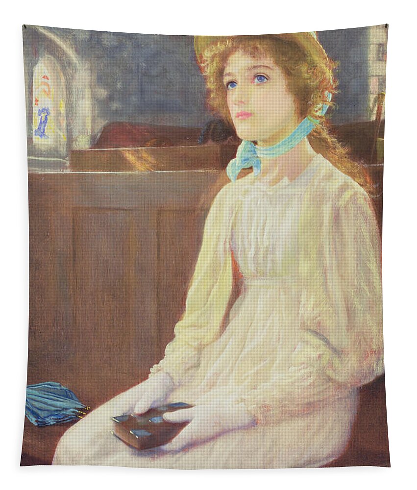 Faith (oil On Panel) Female; Christian; Bible; Bonnet; Church; Pew; Sitting; Praying; Reflecting; Reflection; Worship; Pious; Pre-raphaelite; Pre Tapestry featuring the painting Faith by Arthur Hughes