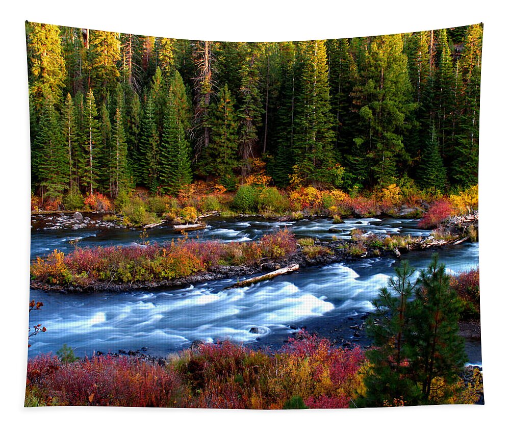 Fall Colors Landscape Tapestry featuring the photograph Fall Colors on the Deschutes River Near Mount Bachelor by Kevin Desrosiers