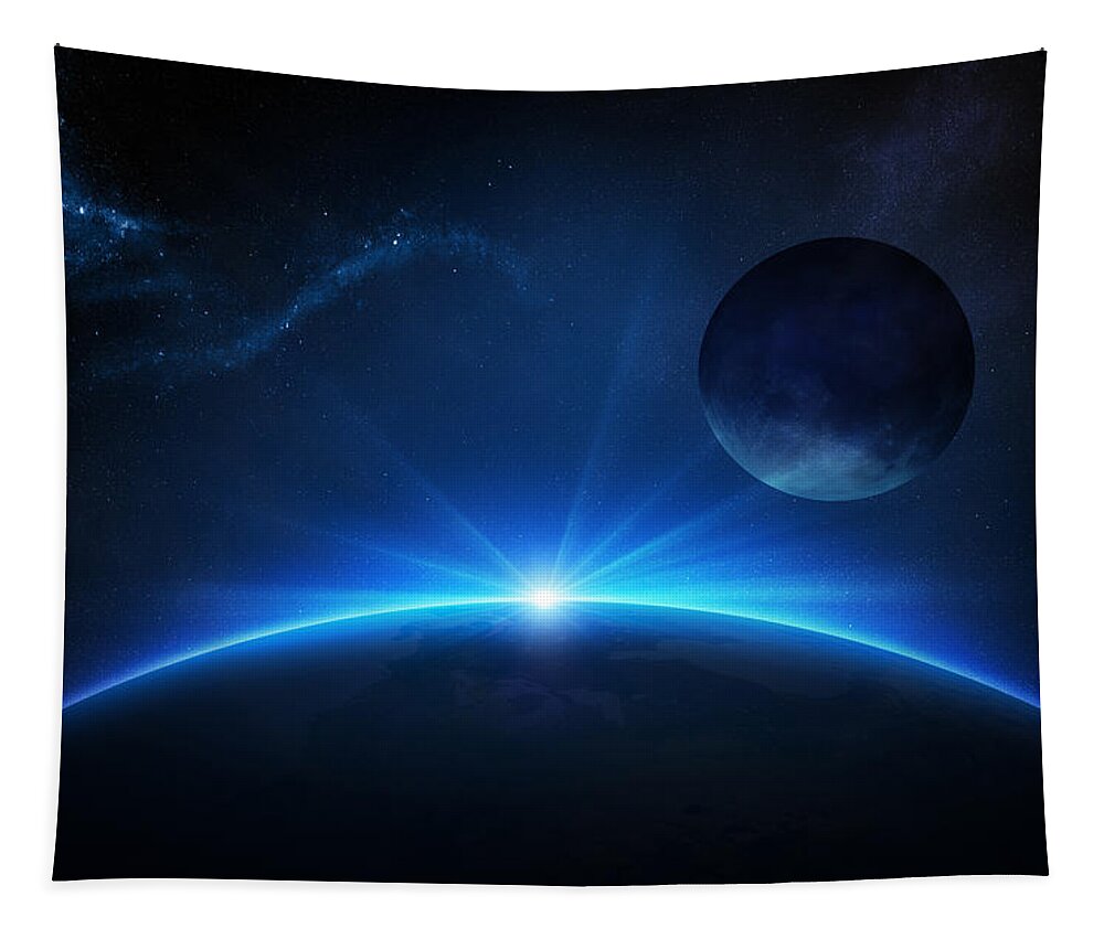Earth Tapestry featuring the photograph Fantasy Earth and Moon with sunrise by Johan Swanepoel