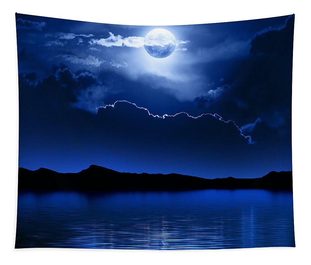 Moon Tapestry featuring the photograph Fantasy Moon and Clouds over water by Johan Swanepoel
