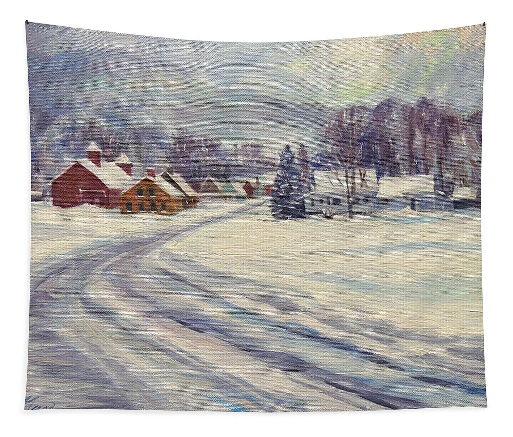 Vermont Tapestry featuring the painting Felchville Village in the Snow by Nancy Griswold