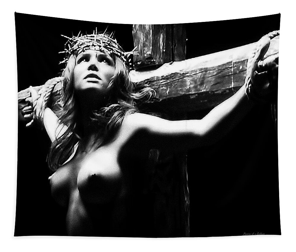 Female Christ Tapestry featuring the photograph Female Christ Black and White by Ramon Martinez