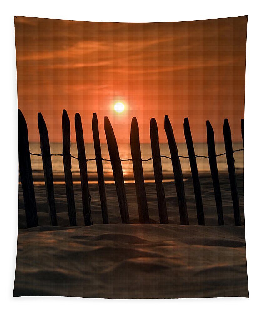 Beach Tapestry featuring the photograph Fence at Sunset by David Lichtneker