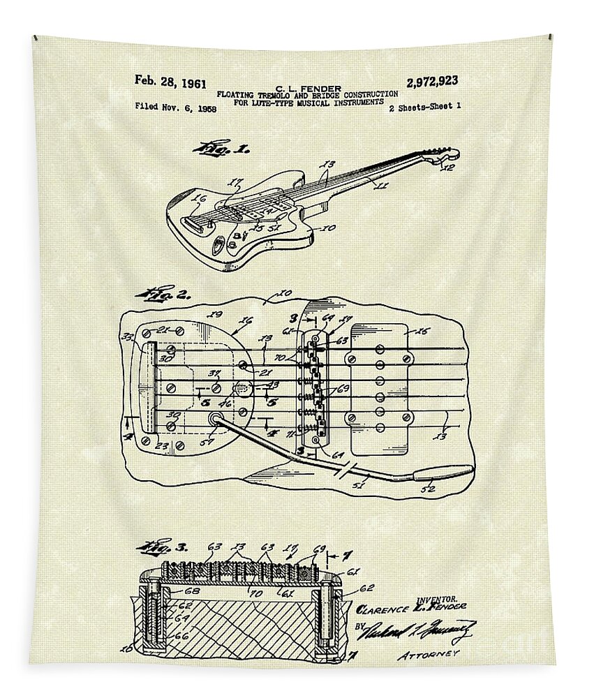 Fender Tapestry featuring the drawing Fender Floating Tremolo 1961 Patent Art by Prior Art Design