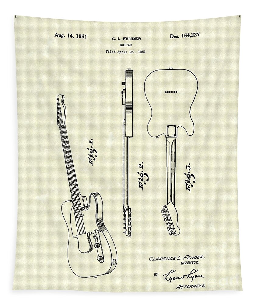 Clarence L. Fender Tapestry featuring the drawing Fender Guitar 1951 Patent Art by Prior Art Design