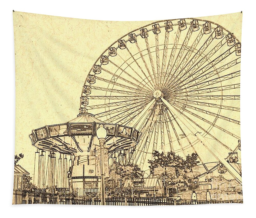 Ferris Wheel Tapestry featuring the digital art Ferris Wheel Navy Pier by Dejan Jovanovic