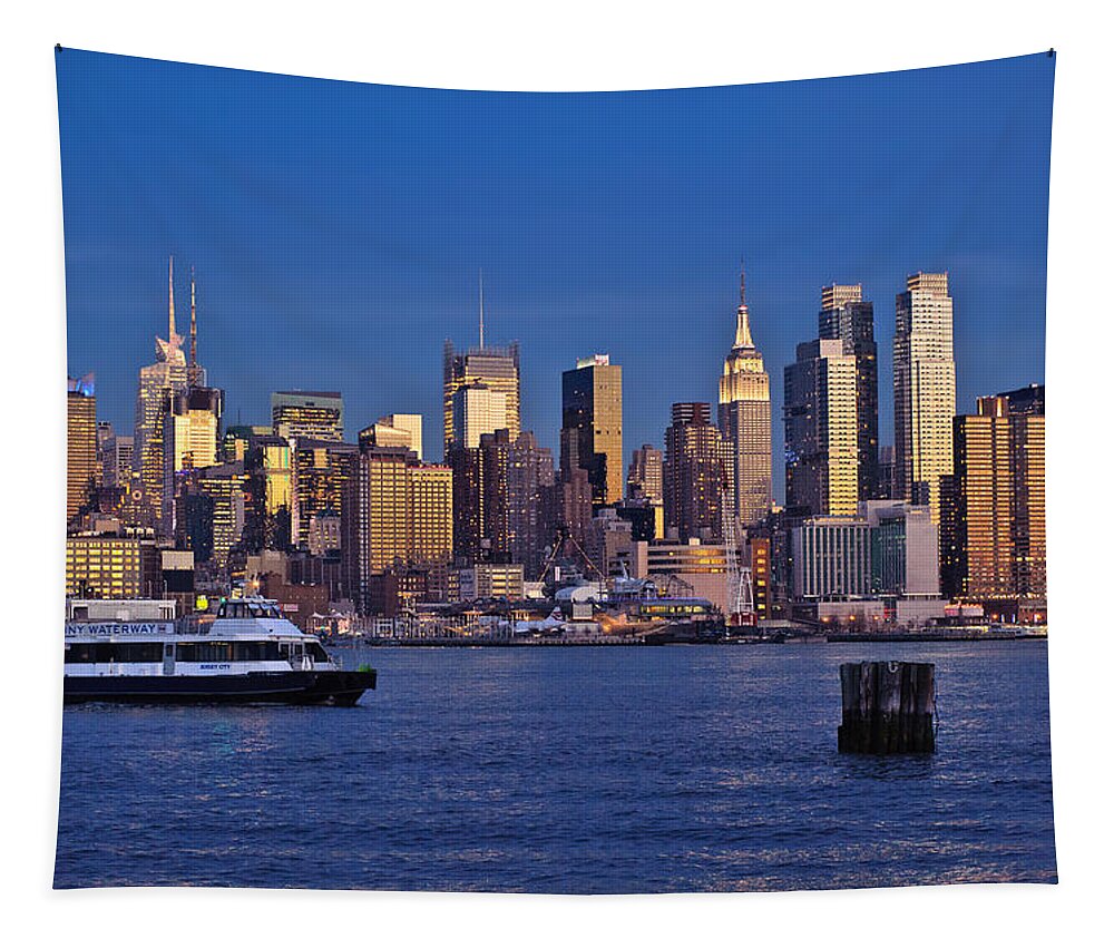 Best New York Skyline Photos Tapestry featuring the photograph Ferry past Manhattan by Mitchell R Grosky
