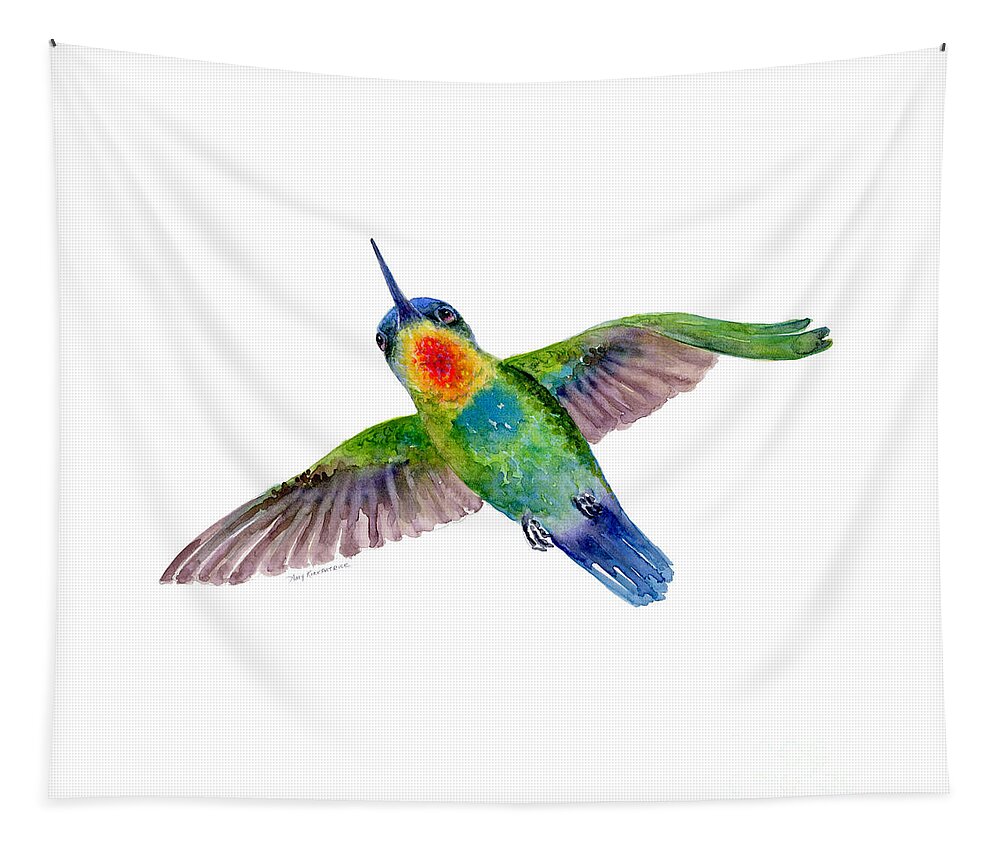 Bird Tapestry featuring the painting Fiery-Throated Hummingbird by Amy Kirkpatrick