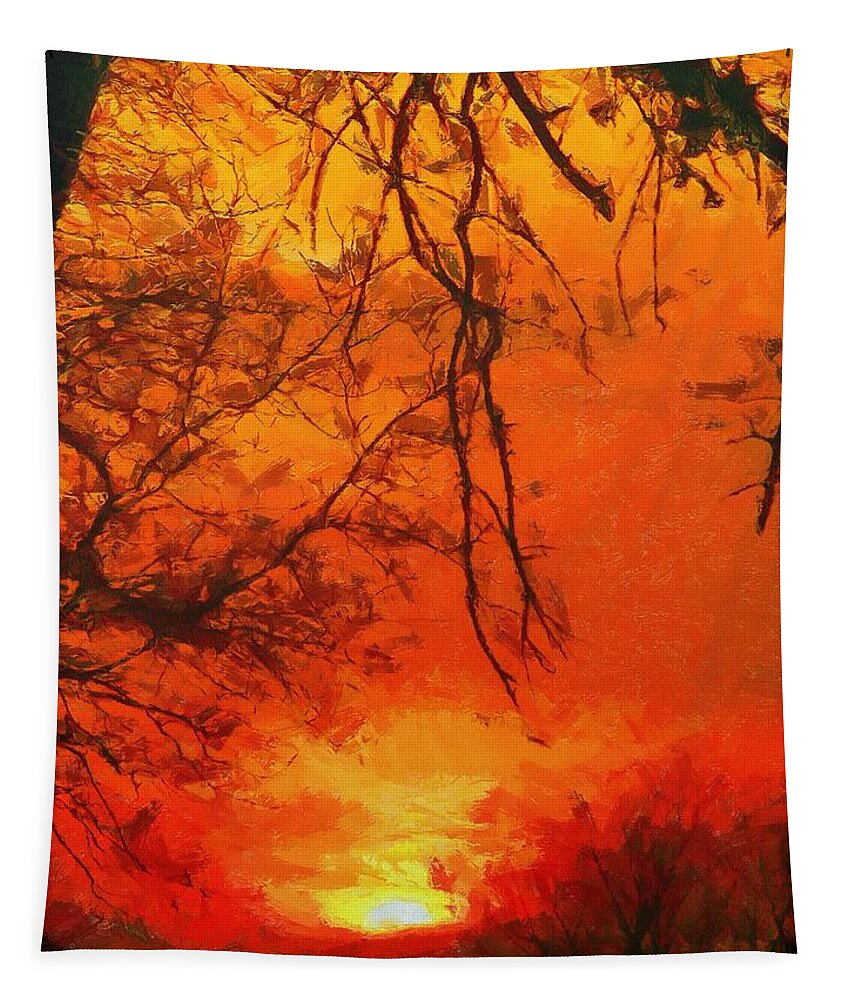 Tree Tapestry featuring the painting Fire in the Sky by Jeffrey Kolker