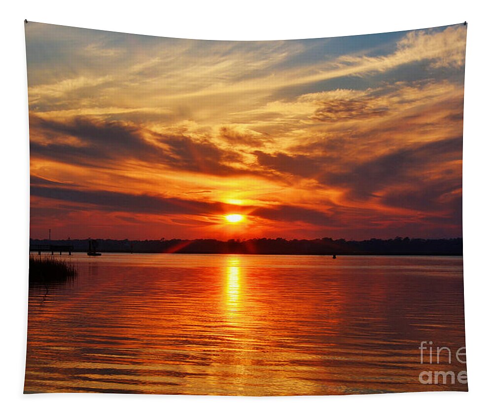 Sunset Tapestry featuring the photograph Firey Sunset by Kathy Baccari