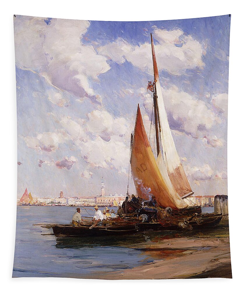 British Tapestry featuring the painting Fishing Craft with the Rivere degli Schiavoni Venice by E Aubrey Hunt