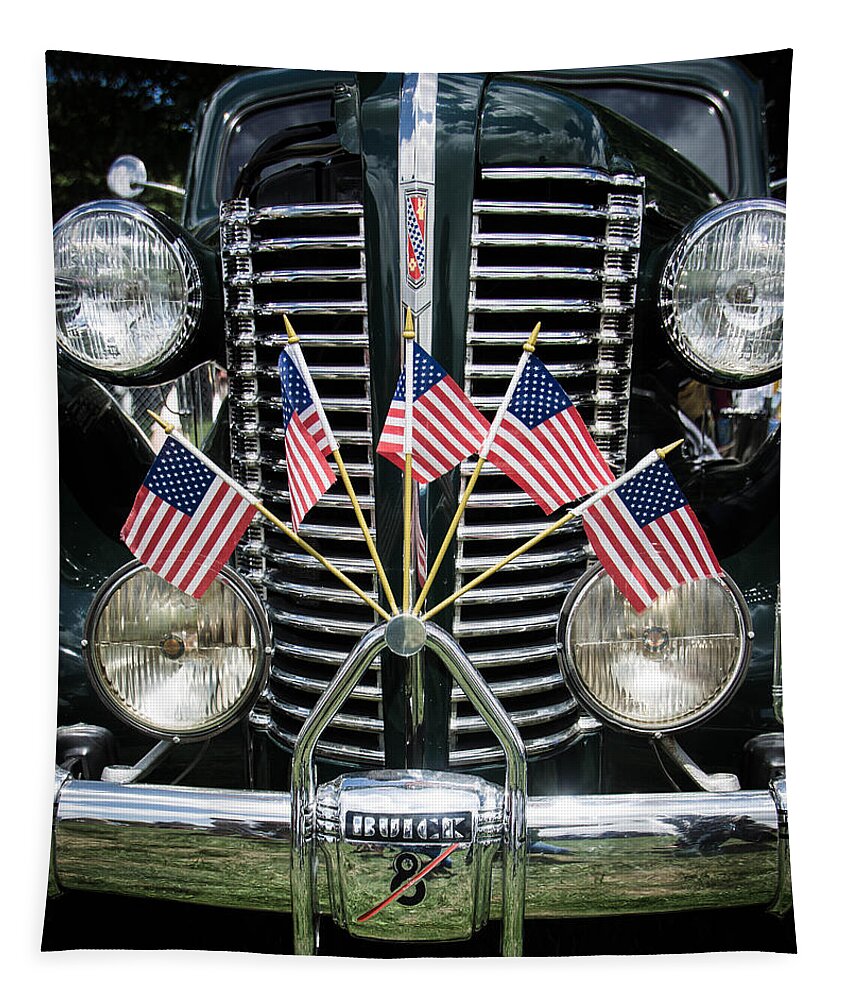 Hot Rod Tapestry featuring the photograph Flagged Buick straight 8 by Ron Roberts