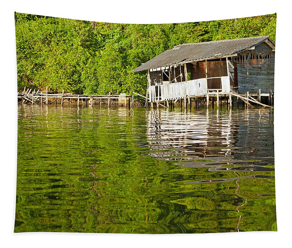 Reflection Tapestry featuring the photograph Floating Hut by Alexey Stiop
