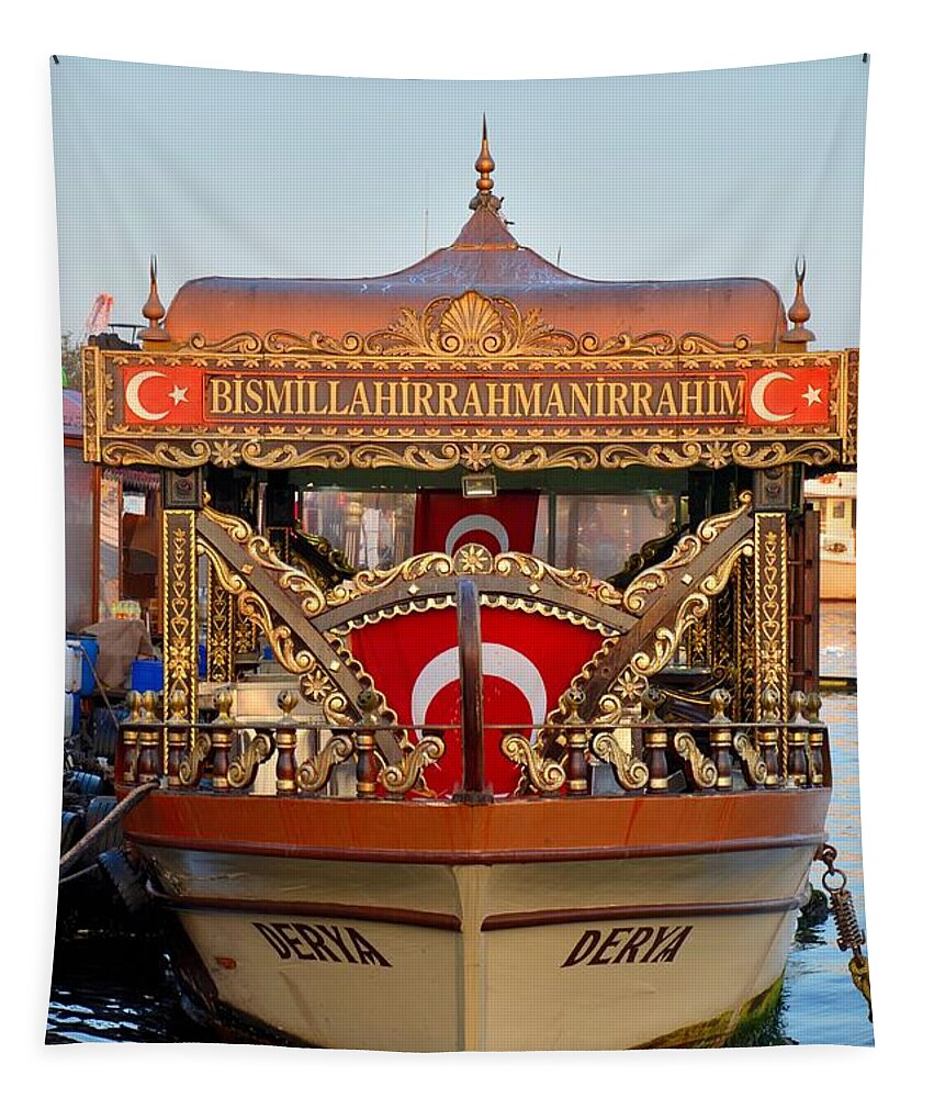 Istanbul Turkey Seafood Boat Flag Sea Dock Moored Cruise Tapestry featuring the photograph Floating sea food restaurant Istanbul Turkey by Imran Ahmed