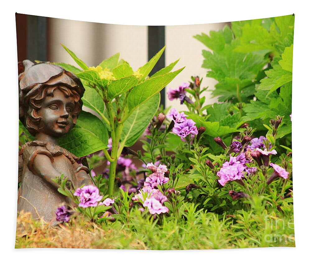 Angel Tapestry featuring the photograph Flower-bed mit an angel statue by Amanda Mohler