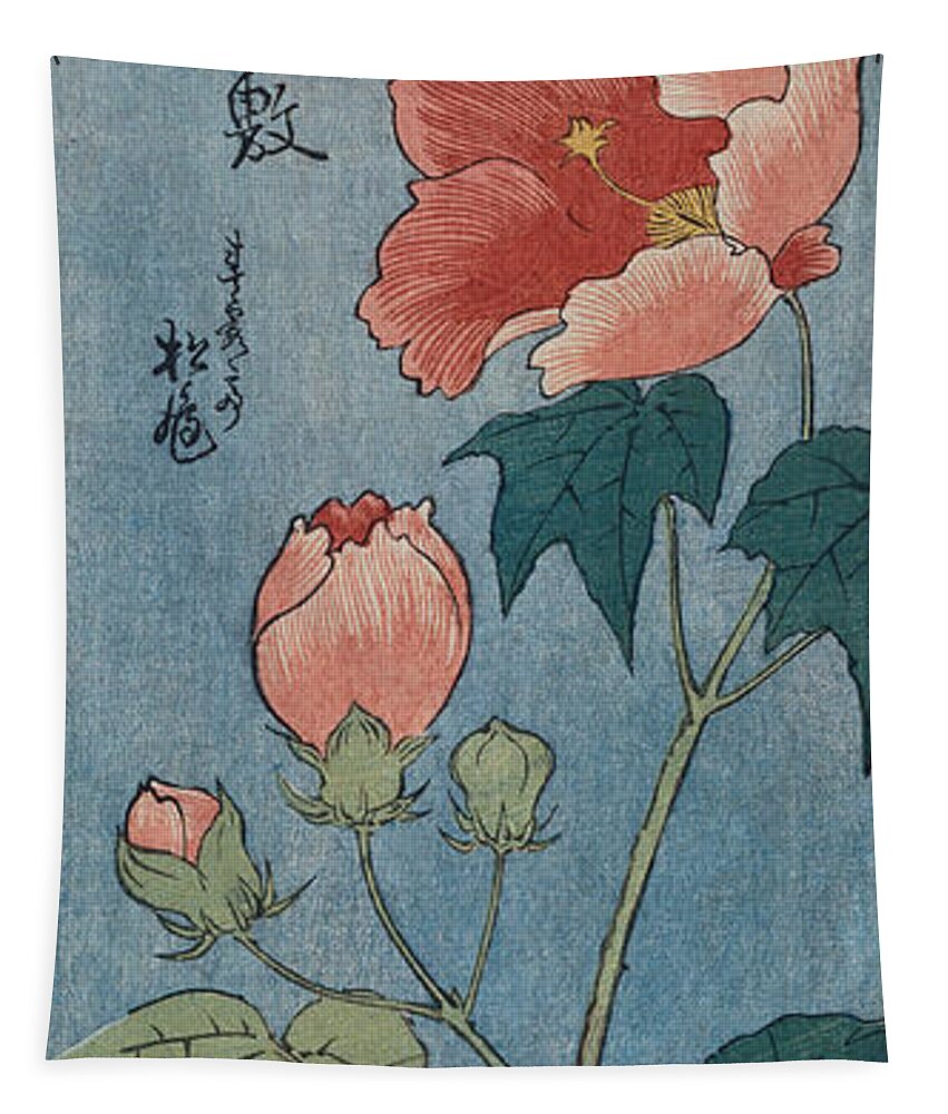 Japanese Tapestry featuring the painting Flowering Poppies Tanzaku by Ando Hiroshige