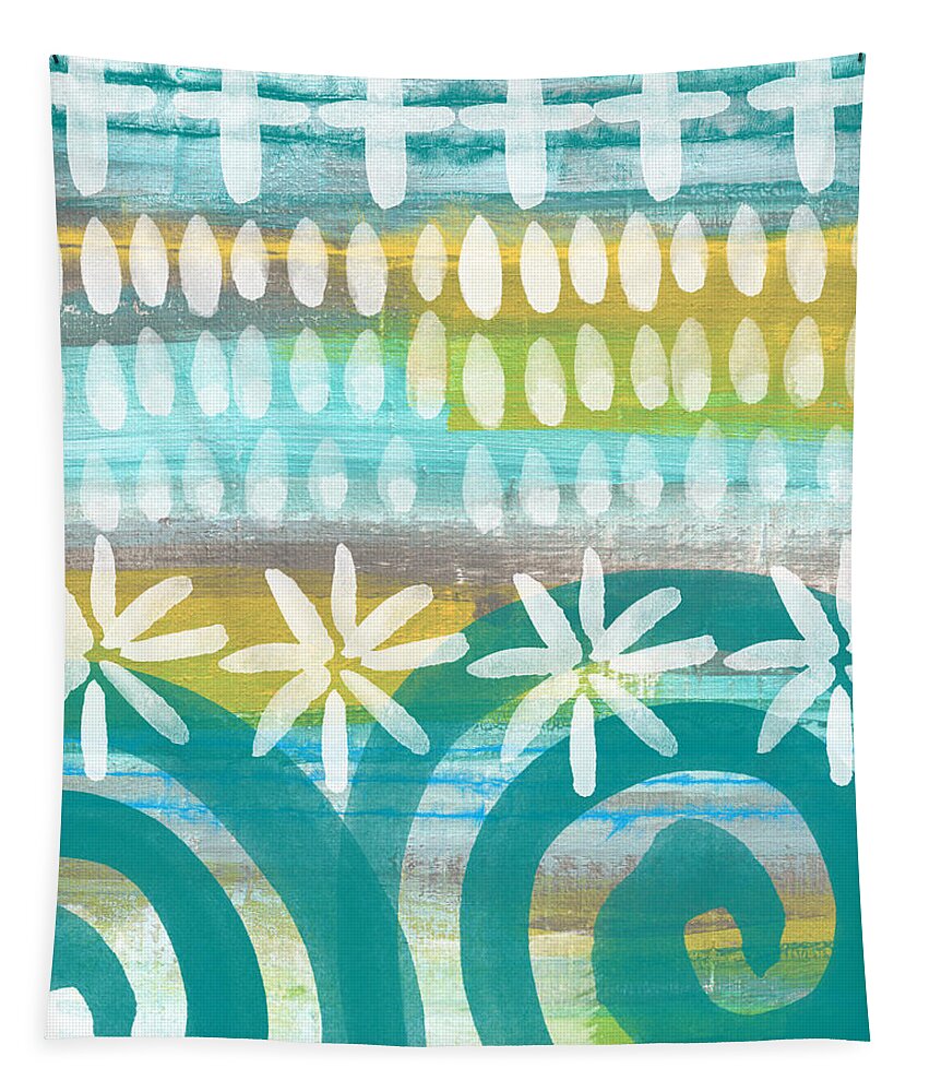 Blue And Yellow Painting Tapestry featuring the painting Flowers and Waves- abstract pattern painting by Linda Woods