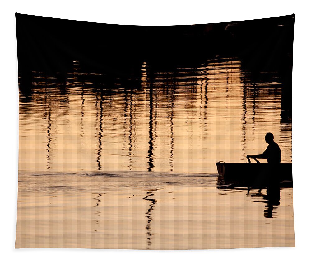 Rowboat At Sunset Tapestry featuring the photograph Fluid thoughts by Denise Dube