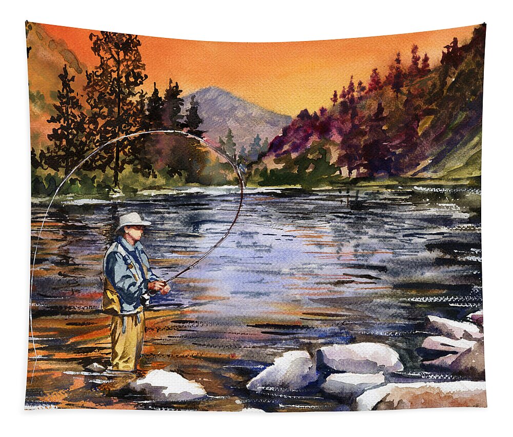 Fly Fishing at Sunset Mountain Lake Tapestry