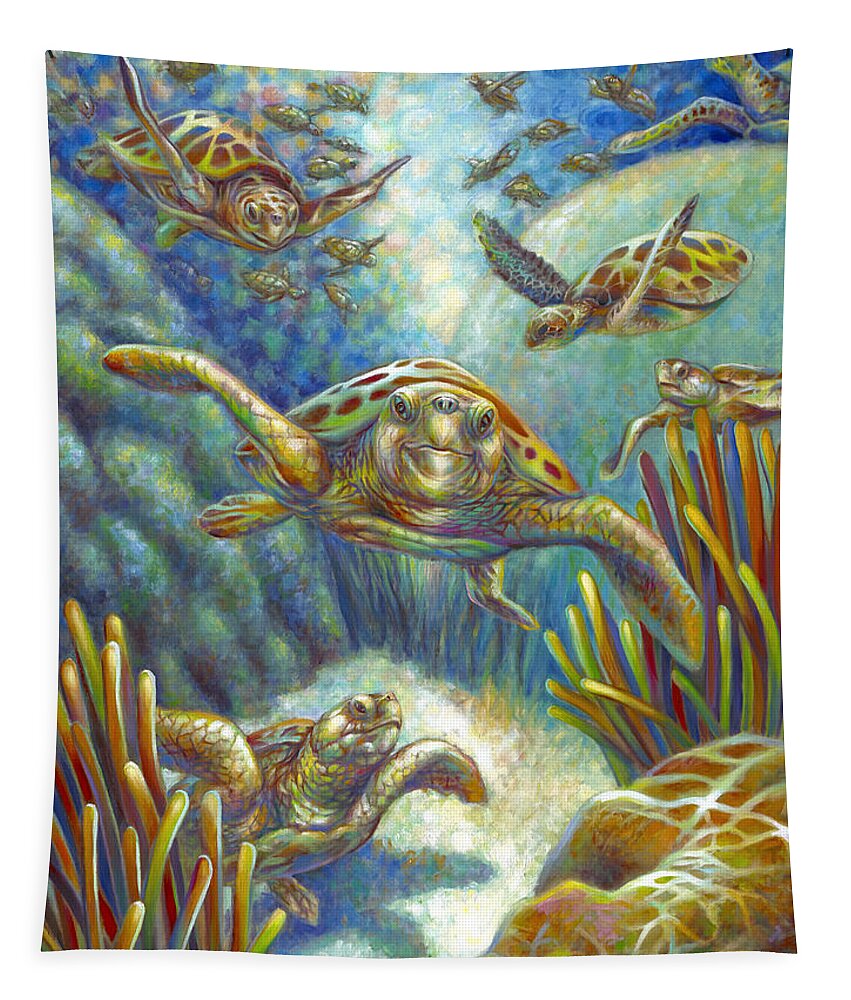Loggerhead Tapestry featuring the painting Flying Loggerhead Turtles by Nancy Tilles