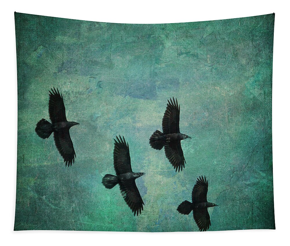 Ravens Tapestry featuring the photograph Flying Ravens by Peggy Collins